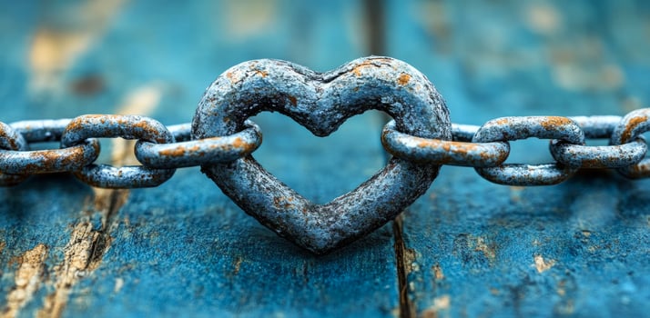 A chain with a heart shape in the middle. The chain is rusty and the heart is made of metal photo