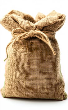 A brown bag with a white background. The bag is made of burlap and has a brown rope tied around it photo