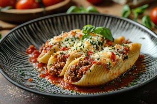 Jumbo pasta shells stuffed with meat, tomato sauce and parmesan, garnished with basil photo