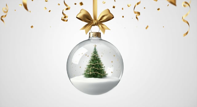 a christmas tree in a glass ball with gold ribbon and gold bow and confetti in the background photo
