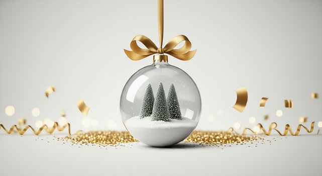 a christmas ball hung with a gold ribbon and gold dust in the background photo