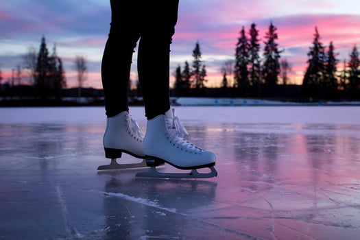 Ice skates on frozen lake, vibrant sunset sky with silhouetted trees photo