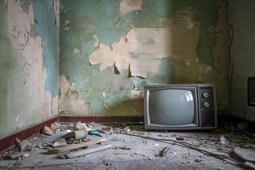 Vintage television rests against a worn, peeling wall, evoking nostalgia photo