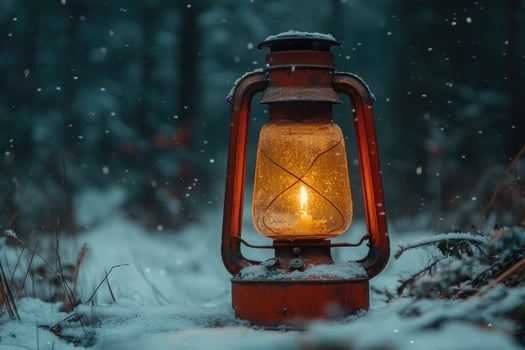 Old kerosene lantern illuminating snowy winter forest at night photo