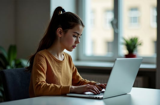 Woman Worker Work Laptop Desk Office, remote work on notebook photo