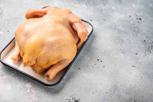 A whole raw chicken sits in a white tray on a grey background photo