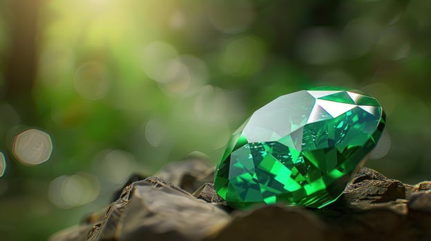 Sparkling Emerald Gemstone on Rock Nature Background photo