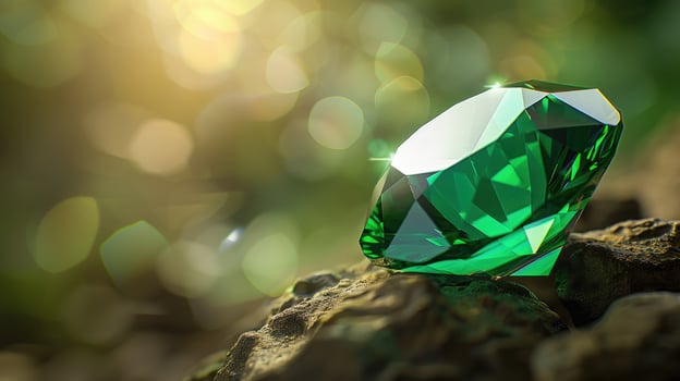 Sparkling Emerald Gemstone on Rock Nature Background Luxury Jewel photo