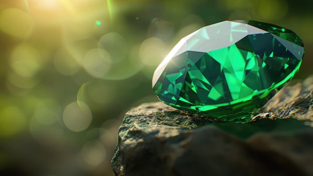 Sparkling Emerald Gemstone on Rock Luxury Jewelry Nature Background photo