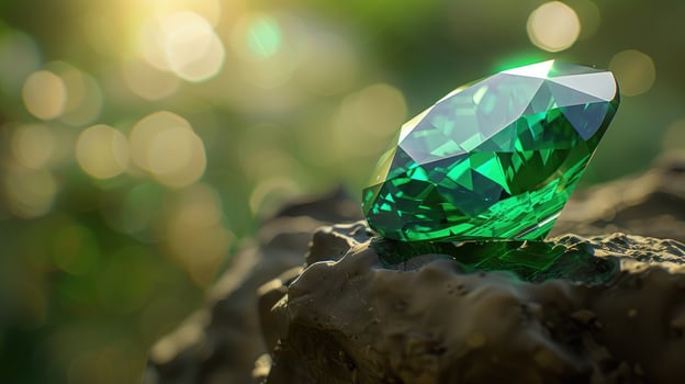 Sparkling Emerald Gemstone on Rock Nature Background Luxury Jewelry photo