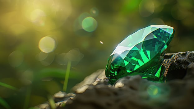 Sparkling Emerald Gemstone on Rock Nature Background photo