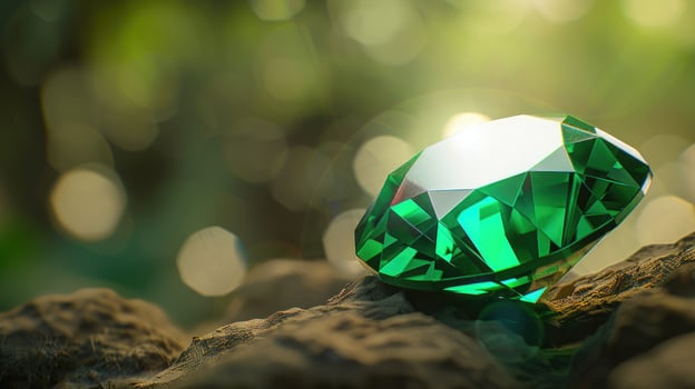 Sparkling Emerald Gemstone on Rock Nature Background photo