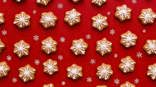 Christmas gingerbread cookies with snowflakes on red background. Top view. photo