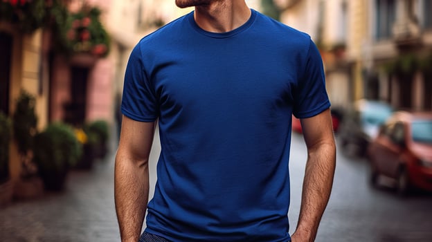 Man in blue blank t-shirt standing on city street. Mock-up t-shirt. photo