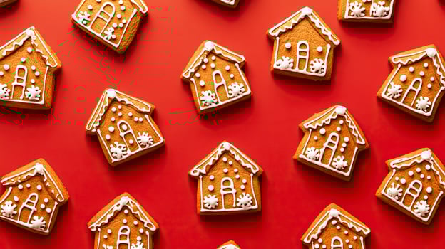 Christmas gingerbread cookies in the form of house on a red background. photo