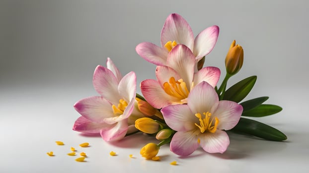 Delicate Pink Freesia Flowers Bouquet on White Background photo