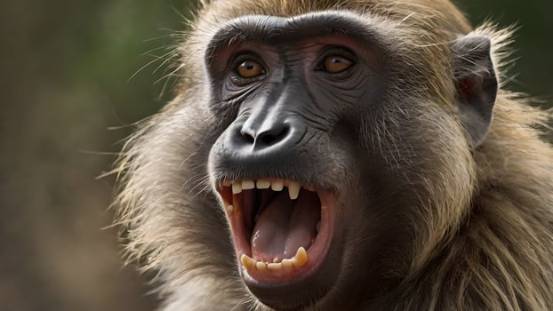 Angry Male Baboon Baring Teeth in Close Up Portrait photo