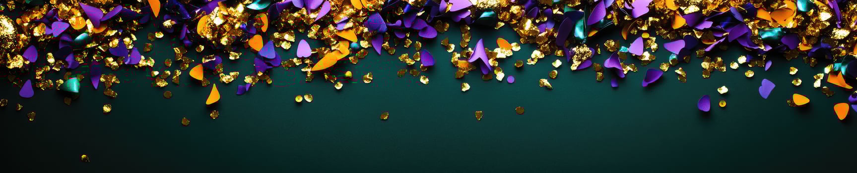 Festive purple and dark green background with scattered gold elements. Celebration design Mardi Gras photo