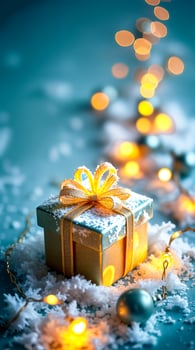 golden gift box on snowy teal surface with fairy lights photo
