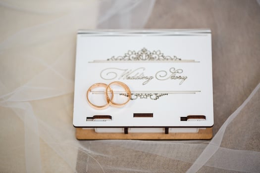 Gold wedding rings for newlyweds on wedding day photo