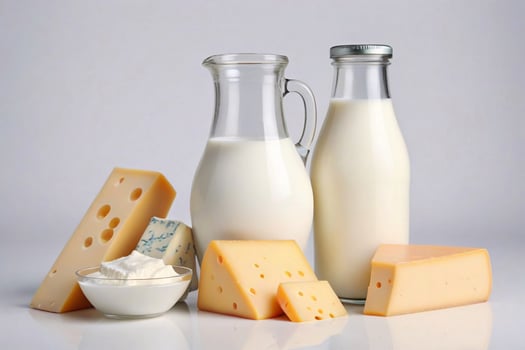 Milk, cream and cheese on white background. photo