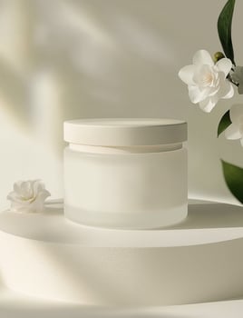 A white cream glass jar with white lid on flowers amp plants background packaging mockup photo