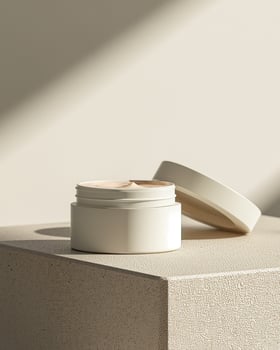 A white cream plastic jar with open lid on a soft shadow beige background packaging mockup photo