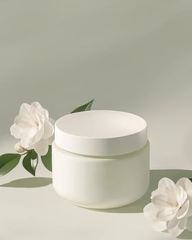 A white cream jar on flowers background packaging mockup photo