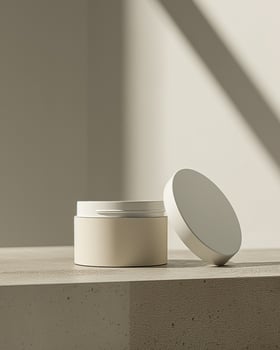 A white cosmetic plastic jar with open lid on a soft shadow beige background mockup photo