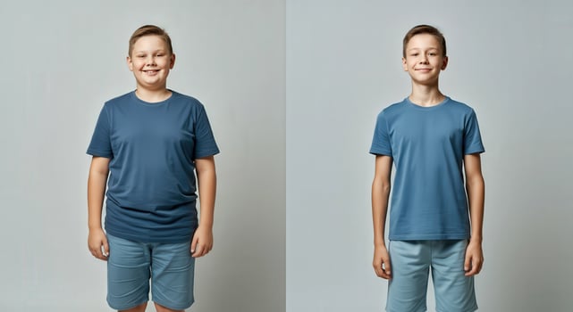 Casual sportswear fashion for kids featuring two boys in blue outfits, embracing diversity and style photo