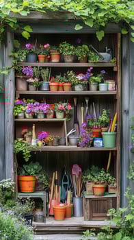 Garden shed with shelves of pots, tools, and seed packets, photorealistic photo