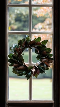 Magnolia leaves shaped into a wreath on window frame surface, wallpaper photo