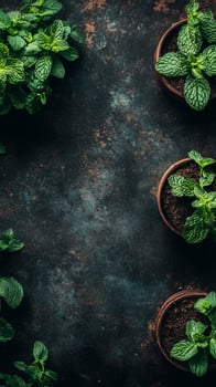 Mint stems contained in sunken pot barriers, photorealistic photo