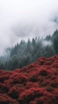 Rhododendron masses anchor hillsides near forest edges, photorealistic photo