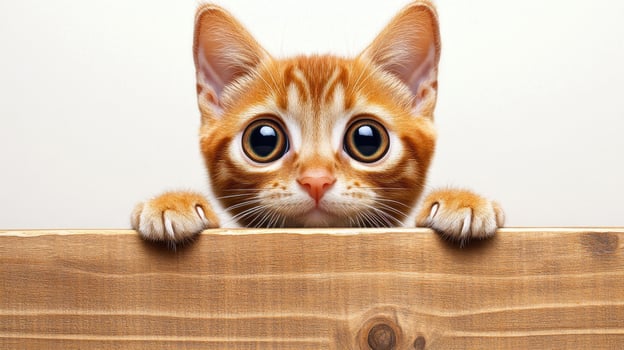 Curious ginger kitten peeking over wooden fence with big expressive eyes photo