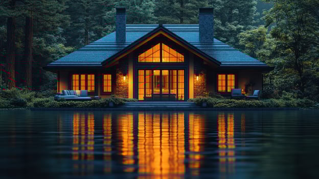 Evening glow of a lakeside cabin surrounded by lush forest tranquility photo