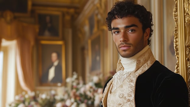 A man in a formal dress standing in front of a painting photo