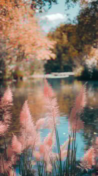 Astilbe plumes rise through shade gardens near ponds, wallpaper art photo