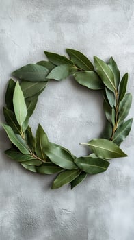 Bay leaves arranged in a circle on plaster wall background, photorealistic wallpaper photo