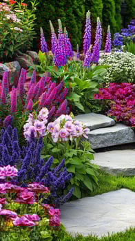 Border plants edge walkways near garden steps, photorealistic wallpaper photo
