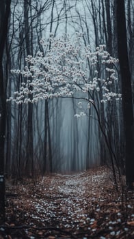 Dogwood branches extend over woodland trails in mountain forests, photorealistic wallpaper photo