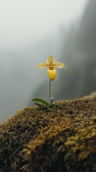 Paphiopedilum flower spike rising from moss, photorealistic wallpaper photo