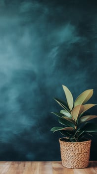 Rubber plant in a woven basket on the floor surface, wallpaper art photo