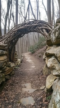 Sassafras branches frame garden paths, adding depth beside weathered rock walls, wallpaper art photo