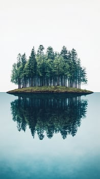 Island rises from water toward tree line , wallpaper art photo
