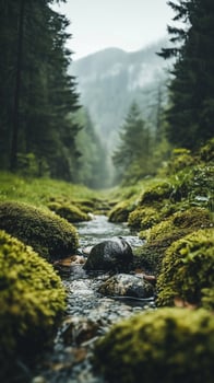 Moss-covered stones beside a forest pool , wallpaper art photo