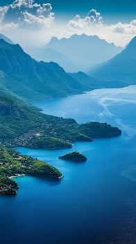 Peninsula extends into water toward distant shore , wallpaper art photo