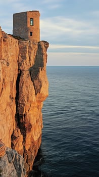 Rock face rising from sea near lighthouse tower , wallpaper art photo