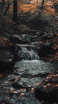 Stream cascades over rocks between forest banks , wallpaper art photo