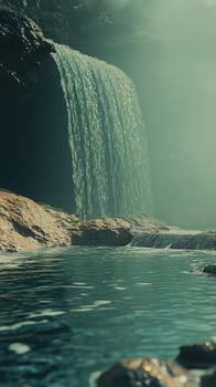 Falls dividing into streams toward a collection pool , photorealistic photo